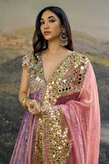 Buy_Itrh_Pink Tissue Mirrors Plunge Neck Gulrangi Anarkali Set _Online_at_Aza_Fashions