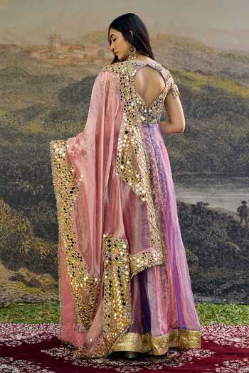 Shop_Itrh_Pink Tissue Mirrors Plunge Neck Gulrangi Anarkali Set _at_Aza_Fashions