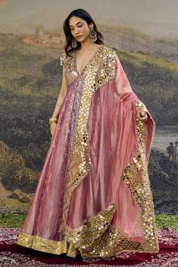 Shop_Itrh_Pink Tissue Mirrors Plunge Neck Gulrangi Anarkali Set _Online_at_Aza_Fashions