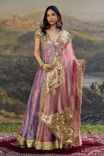 Buy_Itrh_Pink Tissue Mirrors Plunge Neck Gulrangi Anarkali Set _at_Aza_Fashions
