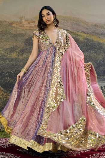 Itrh_Pink Tissue Mirrors Plunge Neck Gulrangi Anarkali Set _at_Aza_Fashions