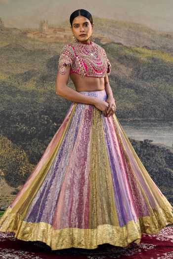 Itrh_Pink Tissue, Organza, Silk Sequins, Beads, Zari, Gota Patti Aarna Lehenga Set _Online_at_Aza_Fashions
