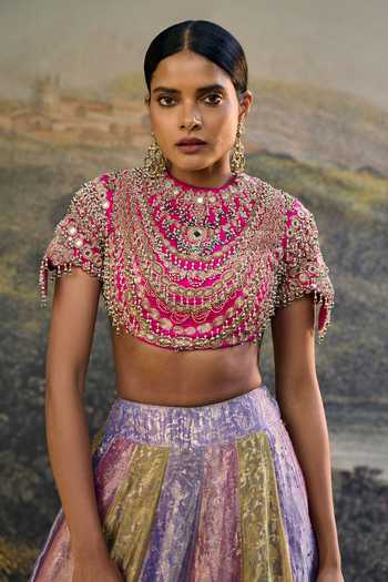 Buy_Itrh_Pink Tissue, Organza, Silk Sequins, Beads, Zari, Gota Patti Aarna Lehenga Set _Online_at_Aza_Fashions