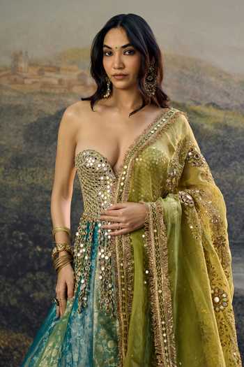 Itrh_Blue Tissue, Organza Sequins, Mirrors Sweetheart Neck Myra Lehenga Set _Online_at_Aza_Fashions