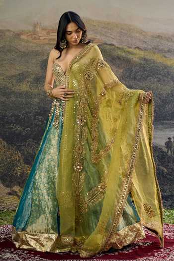 Buy_Itrh_Blue Tissue, Organza Sequins, Mirrors Sweetheart Neck Myra Lehenga Set _Online_at_Aza_Fashions