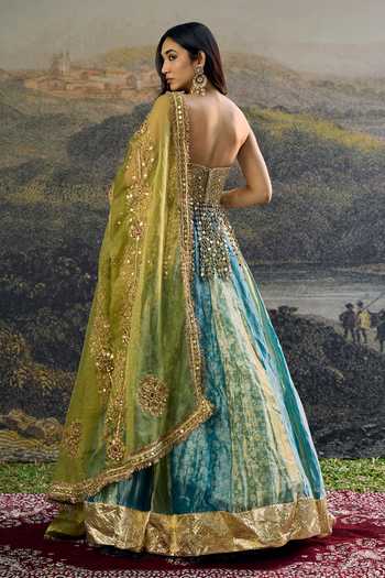 Shop_Itrh_Blue Tissue, Organza Sequins, Mirrors Sweetheart Neck Myra Lehenga Set _at_Aza_Fashions