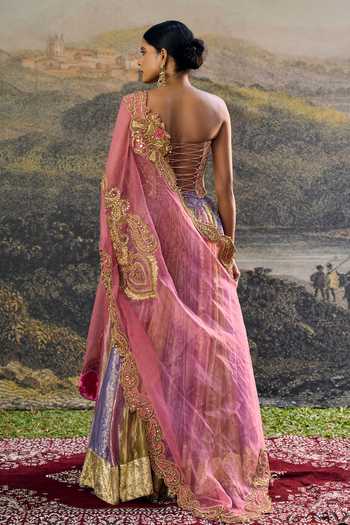 Shop_Itrh_Pink Tissue, Organza Zari Sweetheart Neck Rangoli Lehenga Set _at_Aza_Fashions