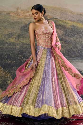 Itrh_Pink Tissue, Organza Zari Sweetheart Neck Rangoli Lehenga Set _Online_at_Aza_Fashions