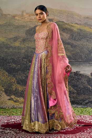 Shop_Itrh_Pink Tissue, Organza Zari Sweetheart Neck Rangoli Lehenga Set _Online_at_Aza_Fashions