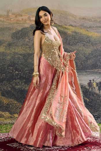 Itrh_Pink Tissue Mirrors Scoop Neck Gulbahar Sharara Set _Online_at_Aza_Fashions