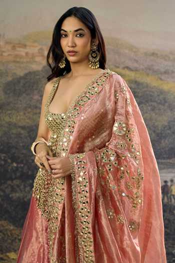Buy_Itrh_Pink Tissue Mirrors Scoop Neck Gulbahar Sharara Set _Online_at_Aza_Fashions
