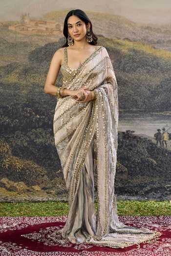 Buy_Itrh_Ivory Tissue Mirrors Scoop Neck Avyra Saree Set _at_Aza_Fashions