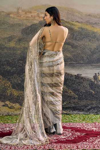 Shop_Itrh_Ivory Tissue Mirrors Scoop Neck Avyra Saree Set _at_Aza_Fashions