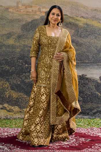 Buy_Itrh_Brown Silk, Organza, Brocade Embroidery, Sequins, Zari, Zivara Sharara Set _at_Aza_Fashions