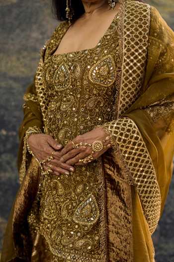 Buy_Itrh_Brown Silk, Organza, Brocade Embroidery, Sequins, Zari, Zivara Sharara Set _Online_at_Aza_Fashions