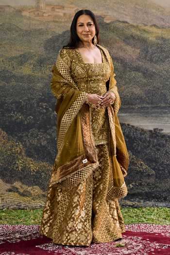 Shop_Itrh_Brown Silk, Organza, Brocade Embroidery, Sequins, Zari, Zivara Sharara Set _Online_at_Aza_Fashions