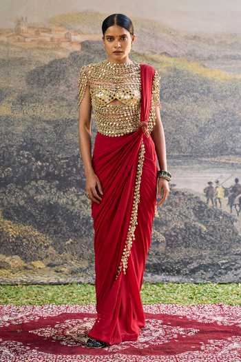 Buy_Itrh_Gold Georgette Mirrors, Tassels V-neck Vihana Pre-draped Saree Set _Online_at_Aza_Fashions