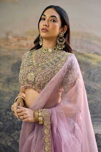Itrh_Lilac Organza Embroidery, Sequins, Beads, Pearls, Tassels High Aadhira Saree Set _Online_at_Aza_Fashions