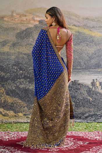 Shop_Itrh_Blue Crepe, Silk Zari V-neck Neelpari Dabka Saree Set _at_Aza_Fashions