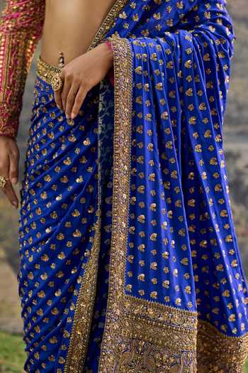 Buy_Itrh_Blue Crepe, Silk Zari V-neck Neelpari Dabka Saree Set _Online_at_Aza_Fashions