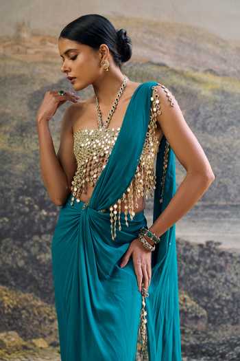Itrh_Teal Georgette Mirrors Bandeau Neck Nalini Pre-draped Saree Set _Online_at_Aza_Fashions