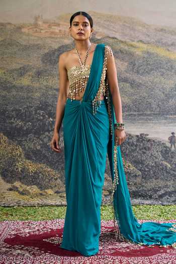 Buy_Itrh_Teal Georgette Mirrors Bandeau Neck Nalini Pre-draped Saree Set _Online_at_Aza_Fashions