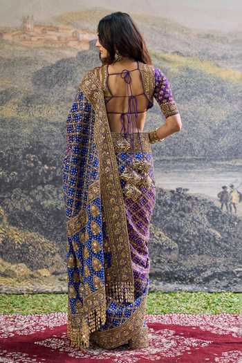 Shop_Itrh_Blue Georgette, Organza Embroidery, Zari Scoop Neck Advay Ombre Saree Set _at_Aza_Fashions