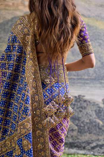 Shop_Itrh_Blue Georgette, Organza Embroidery, Zari Scoop Neck Advay Ombre Saree Set _Online_at_Aza_Fashions