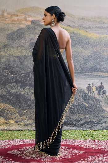 Shop_Itrh_Black Georgette Mirrors Sweetheart Neck Shyama Pre-draped Saree Set _at_Aza_Fashions
