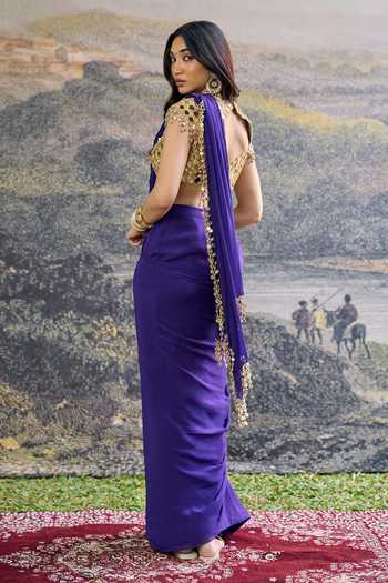 Shop_Itrh_Purple Georgette Mirrors Scoop Neck Ruhani Pre-draped Saree Set _at_Aza_Fashions