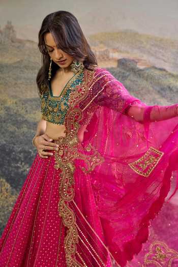 Itrh_Fuchsia Crepe, Silk, Organza Embroidery, Sequins, Zari, Aarunya Lehenga Set _Online_at_Aza_Fashions
