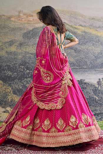 Shop_Itrh_Fuchsia Crepe, Silk, Organza Embroidery, Sequins, Zari, Aarunya Lehenga Set _at_Aza_Fashions