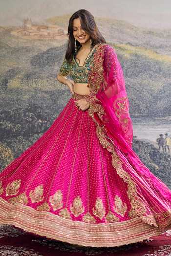 Shop_Itrh_Fuchsia Crepe, Silk, Organza Embroidery, Sequins, Zari, Aarunya Lehenga Set _Online_at_Aza_Fashions