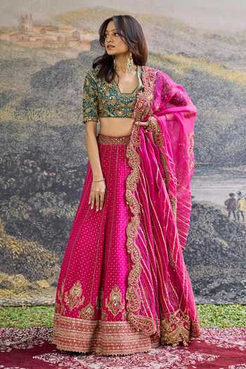 Buy_Itrh_Fuchsia Crepe, Silk, Organza Embroidery, Sequins, Zari, Aarunya Lehenga Set _at_Aza_Fashions