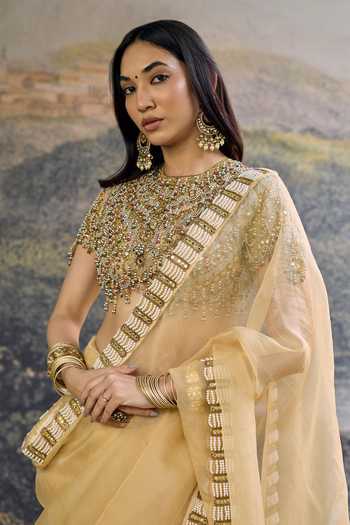 Itrh_Yellow Organza Zari, Beads, Pearls, Stones High Neck Kahani Jadau Saree Set _Online_at_Aza_Fashions