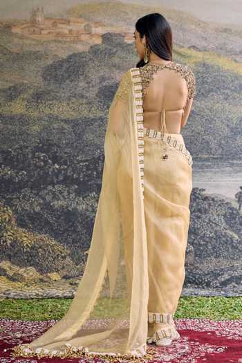 Shop_Itrh_Yellow Organza Zari, Beads, Pearls, Stones High Neck Kahani Jadau Saree Set _at_Aza_Fashions