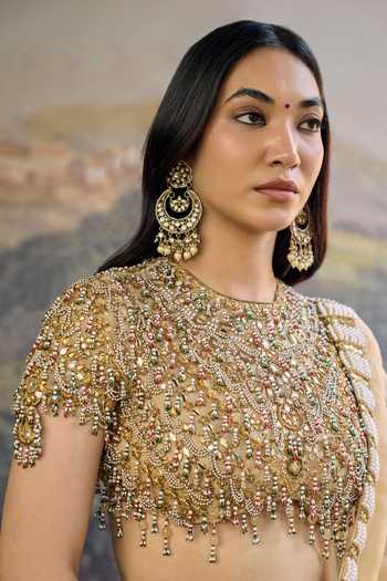 Buy_Itrh_Yellow Organza Zari, Beads, Pearls, Stones High Neck Kahani Jadau Saree Set _Online_at_Aza_Fashions
