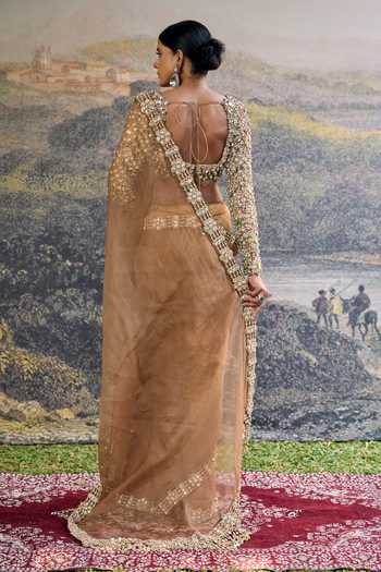 Shop_Itrh_Brown Organza Beads, Stones, Mirrors V-neck Varnika Saree Set _at_Aza_Fashions