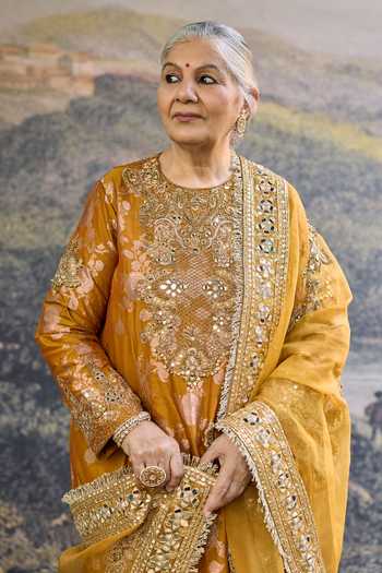 Shop_Itrh_Mustard Brocade, Organza Embroidery, Zari, Mirrors Round Neck Sunehri Kurta Set _at_Aza_Fashions