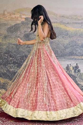Itrh_Pink Tissue Mirrors Halter Neck Gulbahar Lehenga Set _Online_at_Aza_Fashions