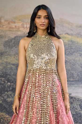 Buy_Itrh_Pink Tissue Mirrors Halter Neck Gulbahar Lehenga Set _Online_at_Aza_Fashions