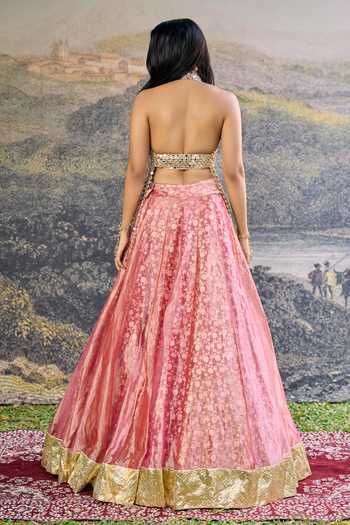 Shop_Itrh_Pink Tissue Mirrors Halter Neck Gulbahar Lehenga Set _at_Aza_Fashions