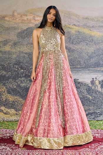 Buy_Itrh_Pink Tissue Mirrors Halter Neck Gulbahar Lehenga Set _at_Aza_Fashions