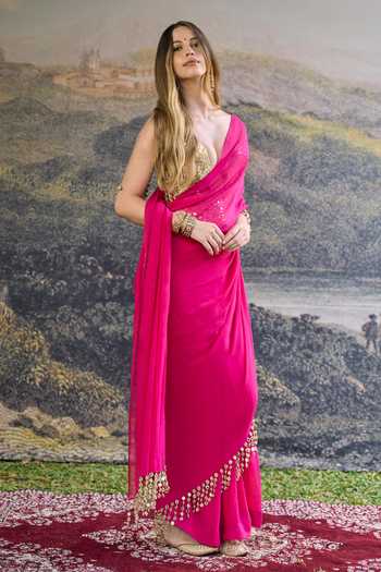 Shop_Itrh_Fuchsia Georgette Mirrors Plunge Neck Aarika Saree Set _at_Aza_Fashions