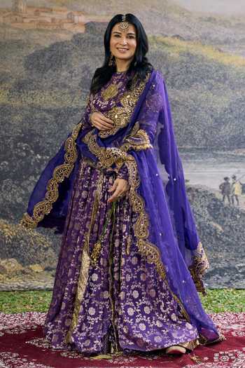 Shop_Itrh_Gold Organza, Brocade, Lycra Embroidery, Zari High Neck Vasundhara Anarkali Set _at_Aza_Fashions