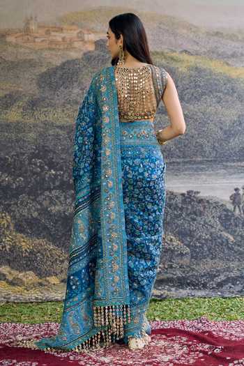 Shop_Itrh_Blue Silk, Shantoon, Net Zari, Mirrors, Sequins V-neck Neelambari Saree Set _at_Aza_Fashions