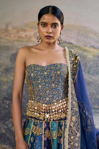 Itrh_Blue Brocade, Organza Zari, Mirrors, Sequins Sweetheart Neelratna Lehenga Set _Online_at_Aza_Fashions