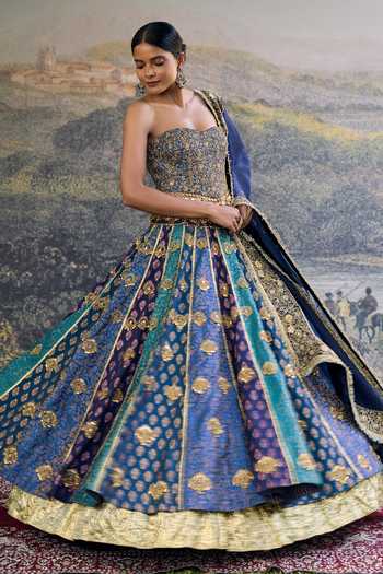 Buy_Itrh_Blue Brocade, Organza Zari, Mirrors, Sequins Sweetheart Neelratna Lehenga Set _Online_at_Aza_Fashions