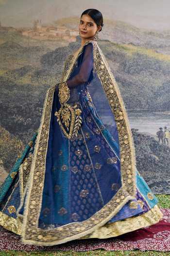 Shop_Itrh_Blue Brocade, Organza Zari, Mirrors, Sequins Sweetheart Neelratna Lehenga Set _Online_at_Aza_Fashions