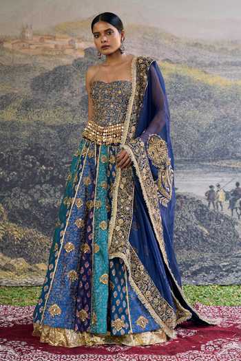 Buy_Itrh_Blue Brocade, Organza Zari, Mirrors, Sequins Sweetheart Neelratna Lehenga Set _at_Aza_Fashions